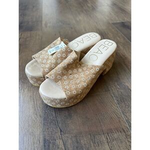 BEACH Tammy Wedge Womens 8M Tan Floral Platform Slide Daisy Cork Sandal Open Toe